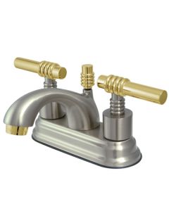 Royale, Centerset Lavatory Faucet, Lever, Solid Brass, Satin Nickel, Polished Brass Handle
