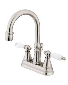 Governor, Centerset Lavatory Faucet, Lever, Solid Brass, Satin Nickel, Porcelain Handle