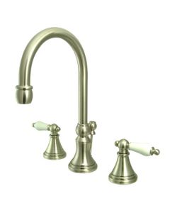 Governor, Widespread Lavatory Faucet, Lever, Solid Brass, Satin Nickel, Porcelain Handle