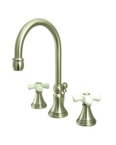 Governor, Widespread Lavatory Faucet, Cross, Solid Brass, Satin Nickel, Porcelain Handle