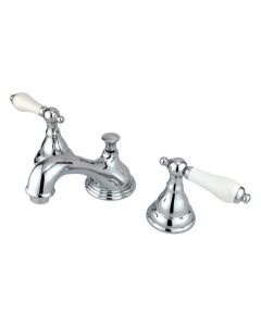 Royale, Widespread Lavatory Faucet, Lever, Solid Brass, Polished Chrome, Porcelain Handle