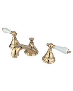 Royale, Widespread Lavatory Faucet, Lever, Solid Brass, Polished Brass, Porcelain Handle