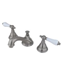 Royale, Widespread Lavatory Faucet, Lever, Solid Brass, Satin Nickel, Porcelain Handle
