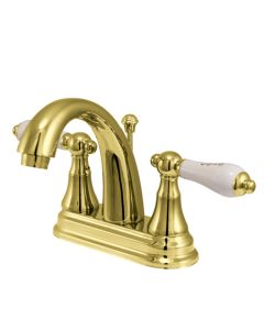 English Vintage, Centerset Lavatory Faucet, Lever, Solid Brass, Polished Brass, Porcelain Handle