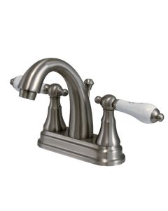 English Vintage, Centerset Lavatory Faucet, Lever, Solid Brass, Satin Nickel, Porcelain Handle